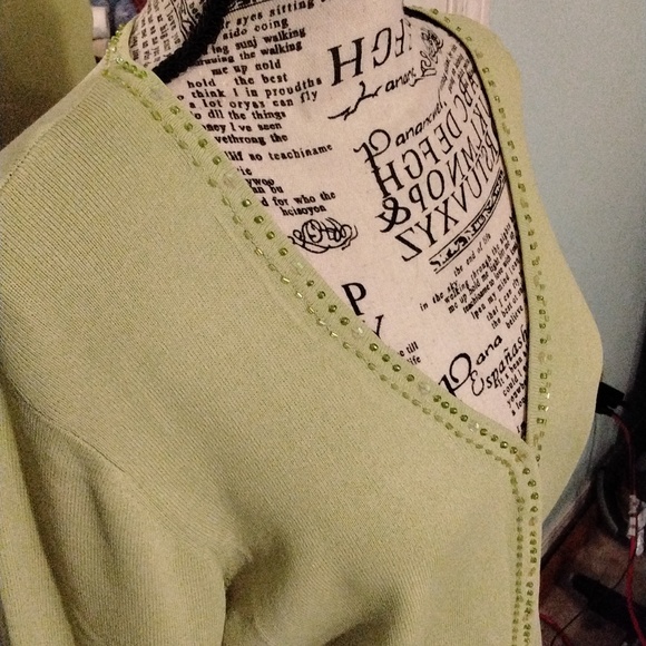 Women's beaded/sequined 3/4 sleeve soft green sweater~ Studio I Petite 12P NWOT - Picture 2 of 4